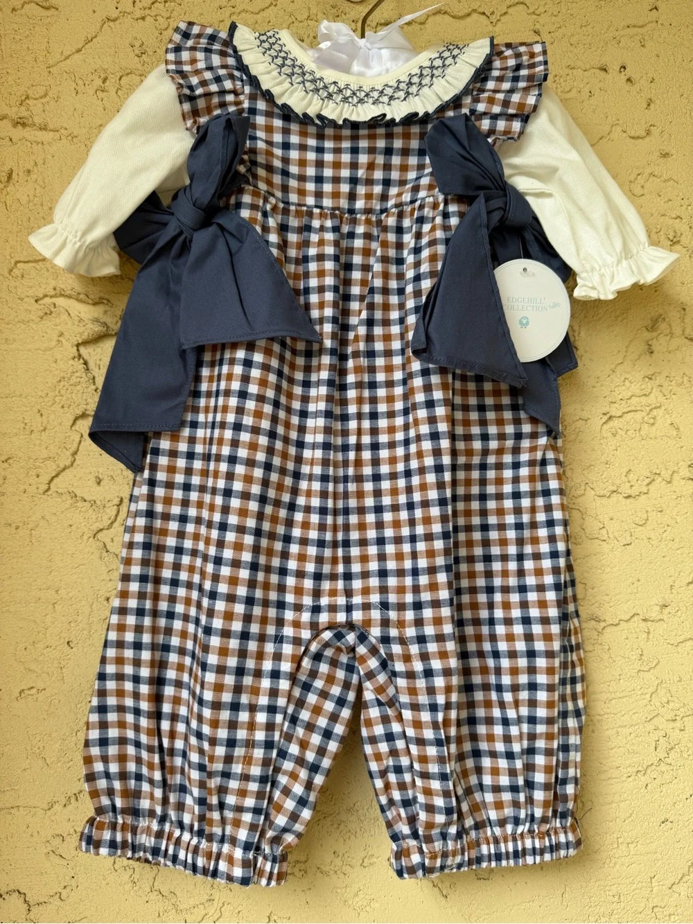 NWT Edgehill Collection Baby Girls Side-Tie Long Sleeve Plaid Romper 9M
